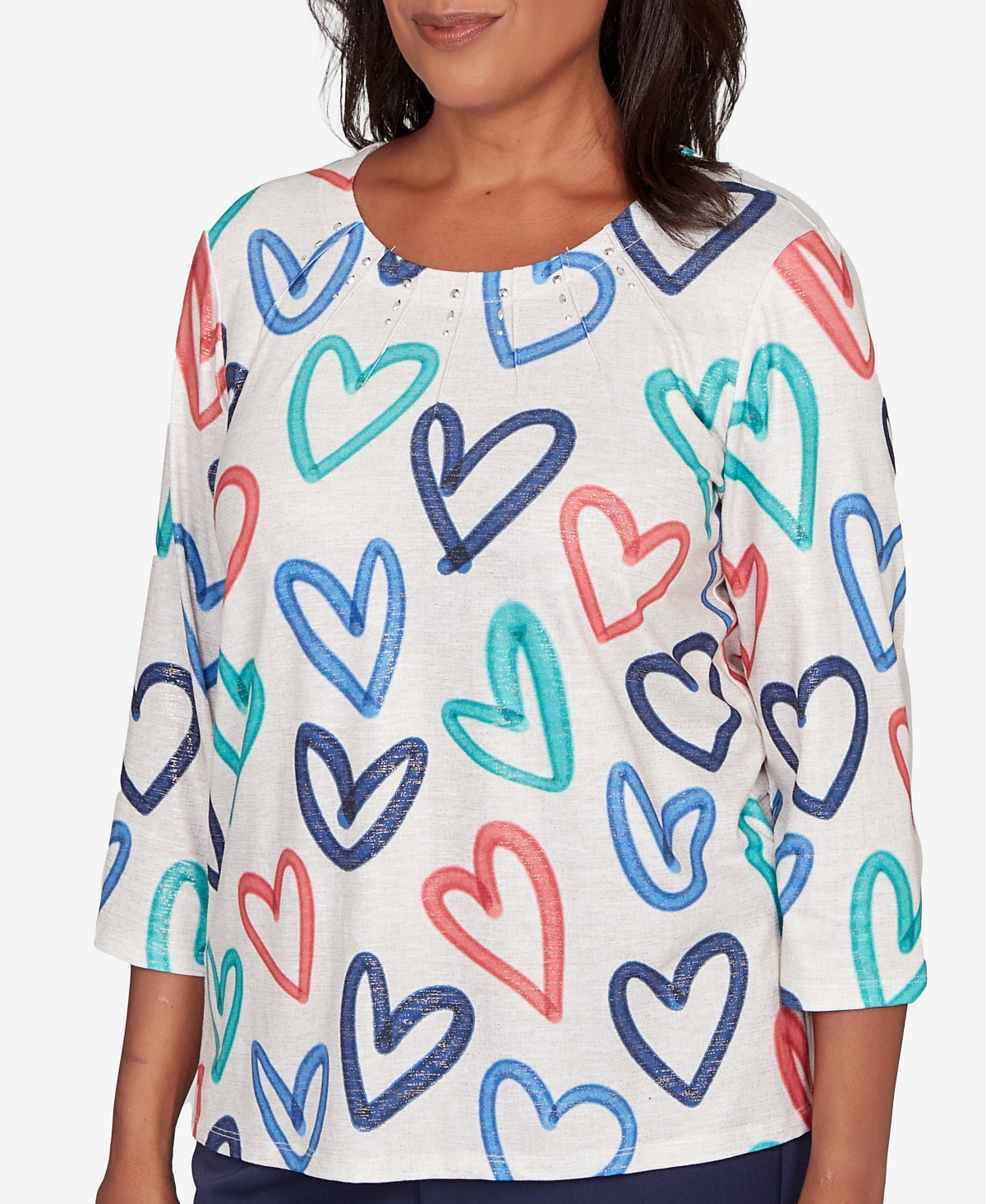 Alfred Dunner Plus Size Saratoga Springs Tossed Heart Pattern Knit Top In White