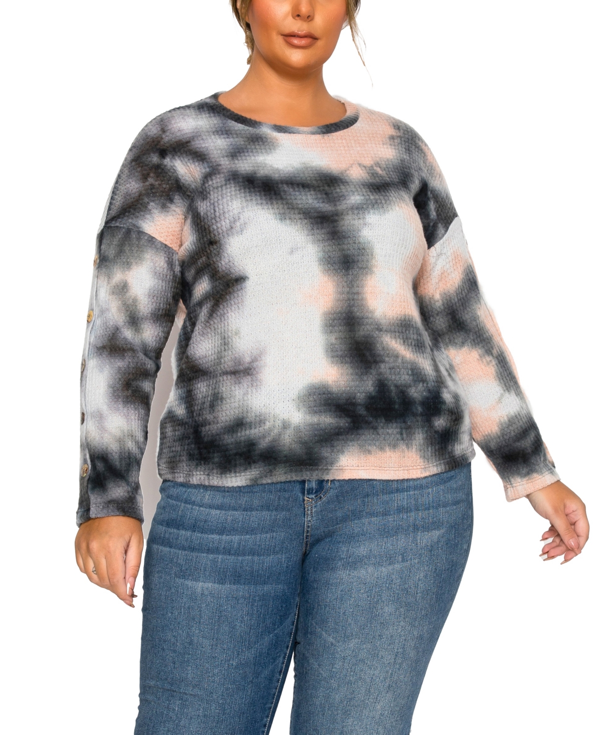 Coin 1804 Plus Brushed Tie Dye Waffle Crew Neck Top