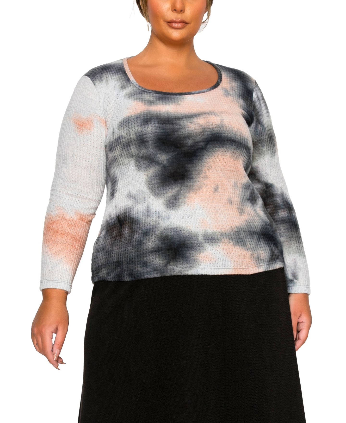Женский топ COIN 1804 Plus Size Brushed Tie Dye Waffle Square Neck, цвет: Серый — фото 1