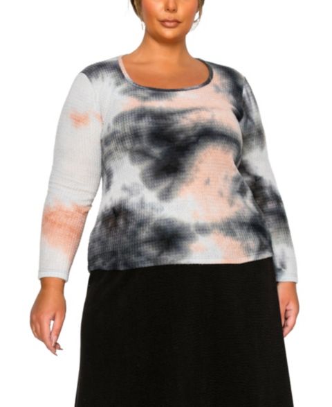 Женский топ COIN 1804 Plus Size Brushed Tie Dye Waffle Square Neck, цвет: Серый