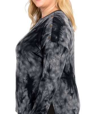 Plus Size Tie Dye Cozy Button Shoulder Long Sleeve Top