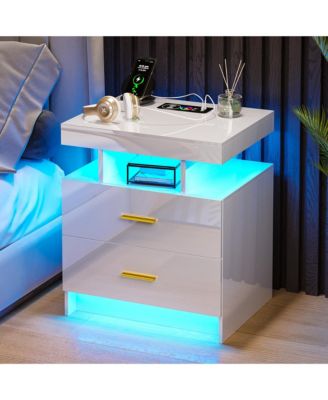 22.8" Wood LED Nightstand RGB Lights Auto Sensor Charging Station