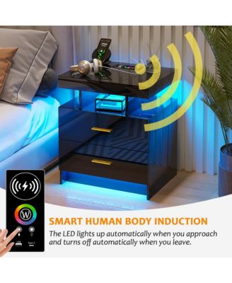 22.8" Wood LED Nightstand RGB Lights Auto Sensor Charging Station