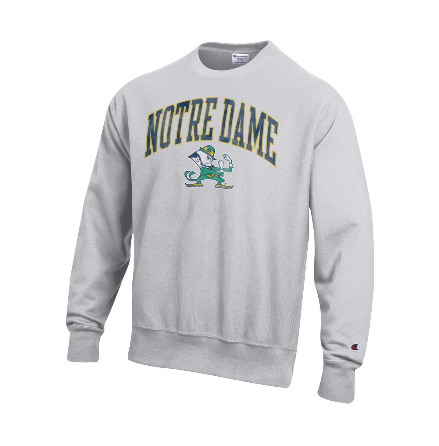 Мужская толстовка Champion Gray Notre Dame Fighting Irish Distressed Arch Over Logo Reverse Weave Crew Neck — фото 2