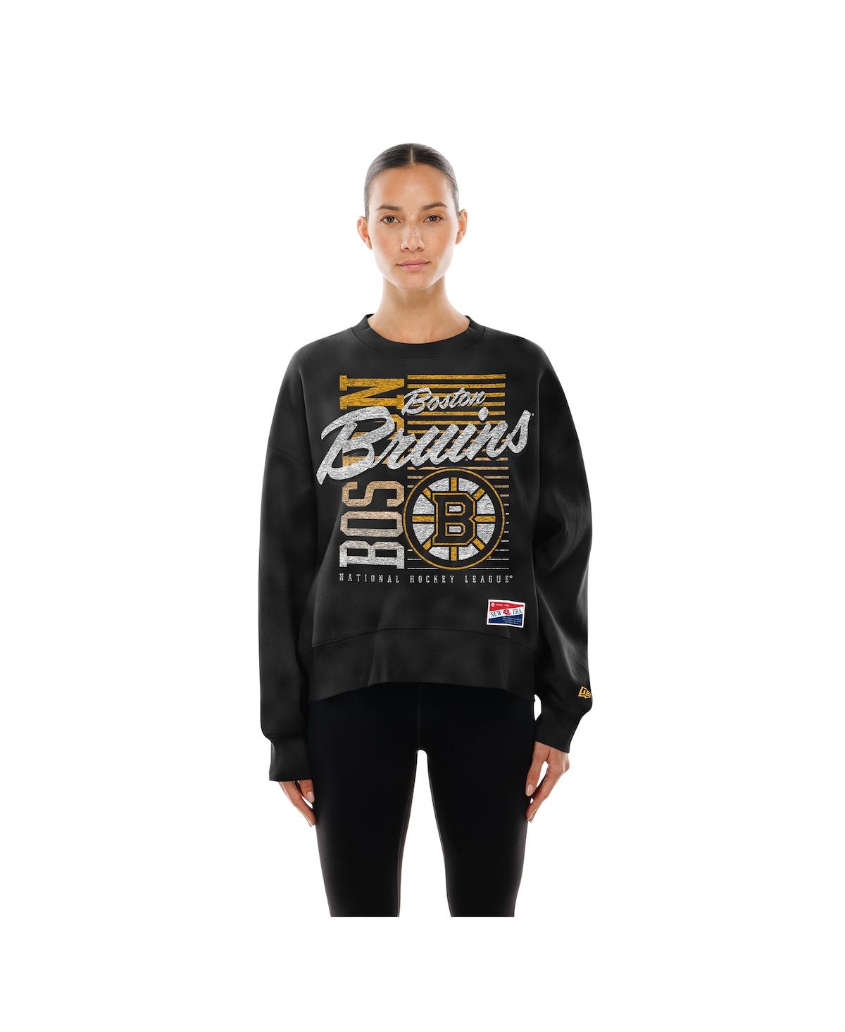 New Era Women's Black Boston Bruins Oversized Throwback Mineral Wash Sweatshirt In Black