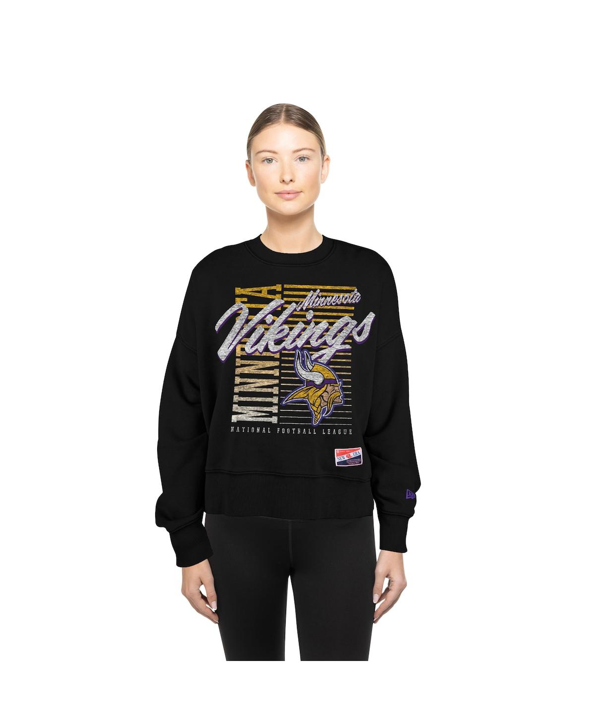 New Era Women's Black Minnesota Vikings Oversized Throwback Mineral Wash Crew Neck Sweatshirt In Black