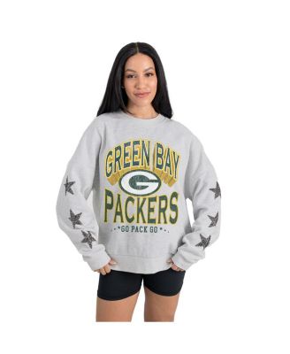 Gameday Couture - Women's Ash Green Bay Packers Resilience Relaxed Rhinestone Pullover Sweatshirt