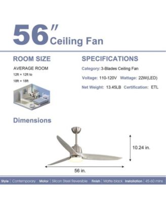 56-inch Modern Golden 3 Solid Wood Blade Tri Color Dimming Ceiling Fan