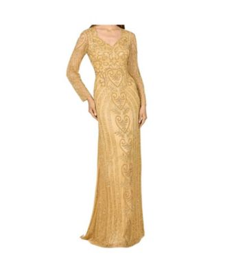 Women's V Neck Beaded Long Sleeve Dress