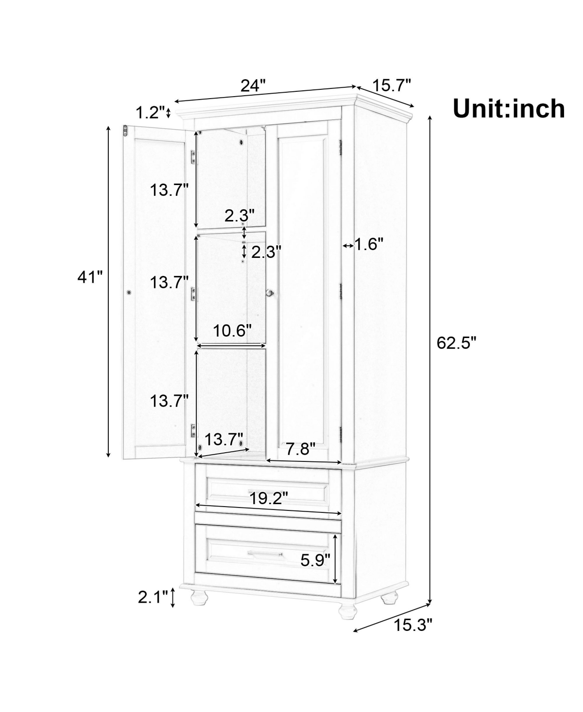 Airsurfer Tall Storage Cabinet with Two Drawers Grey Freestanding Organizer for Bathroom Office Living Room or Bedroom