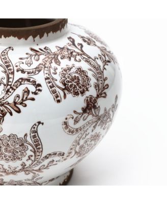 Brown Floral Wide-Mouth Waterproof Ceramic Vase, 8.66" Round Indoor Home Decor