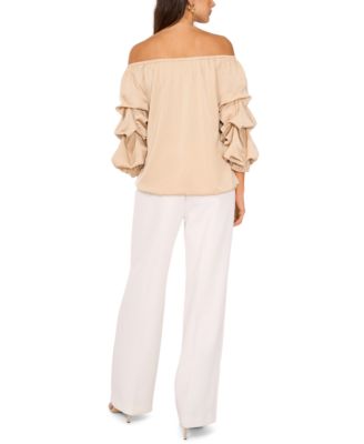 Women's Satin Off-The-Shoulder Bubble 3/4-Sleeve Tie-Front Blouse