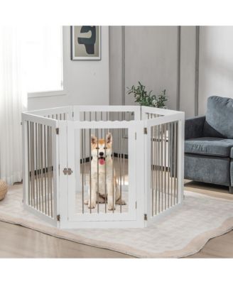 6-Panel Freestanding Dog Gate Foldable Walk-Through Playpen w/ 4 Support Feet