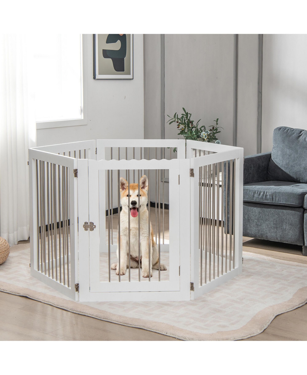 Gymax 6-Panel Freestanding Dog Gate Foldable Walk-Through Playpen w/ 4 Support Feet