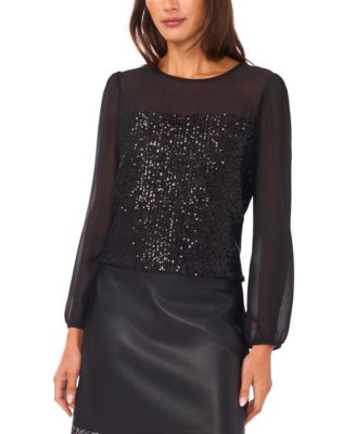 Women's Sequin Crewneck Blouson Sleeve Top