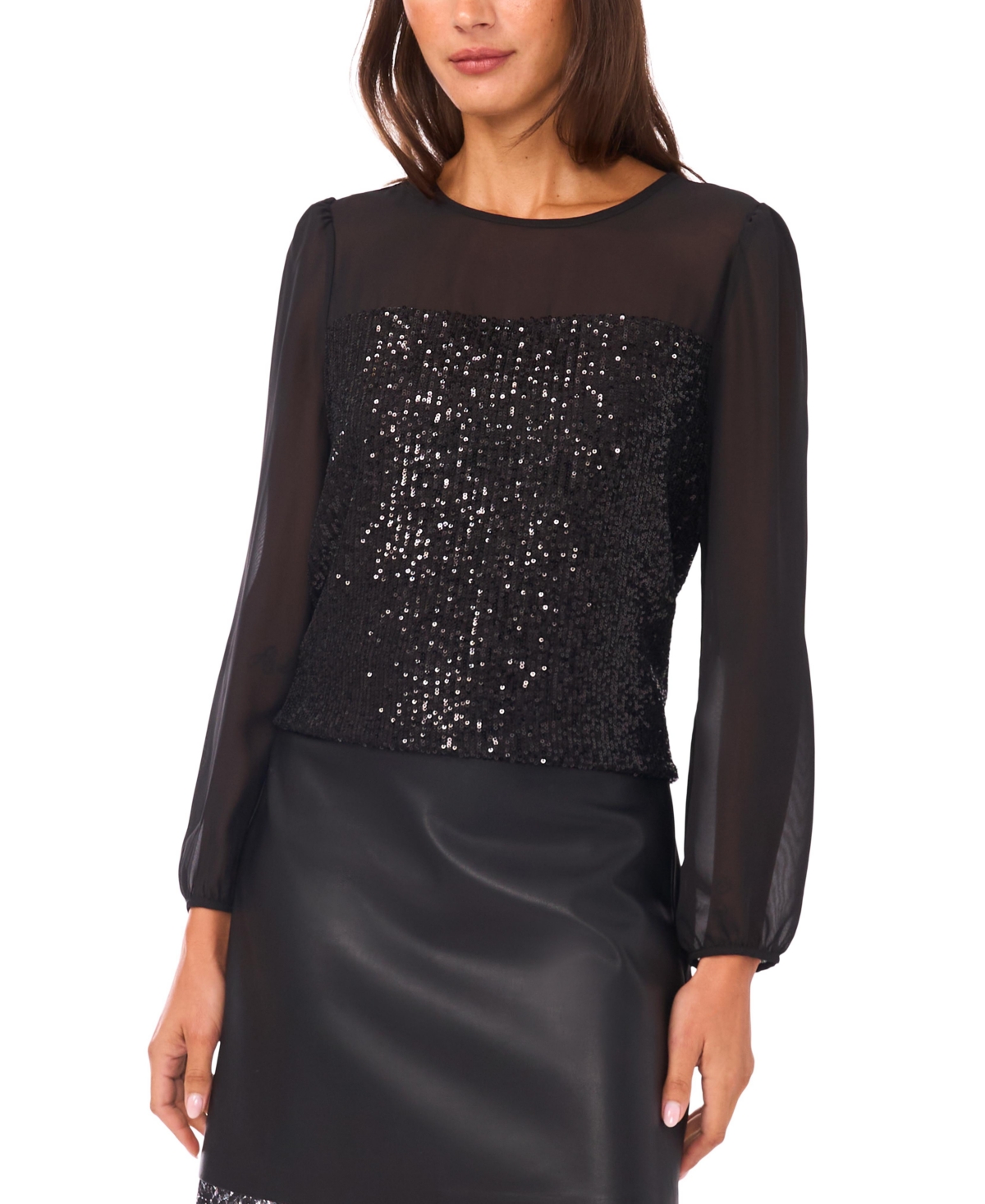 Vince Camuto Women's Sequin Crewneck Blouson Sleeve Top
