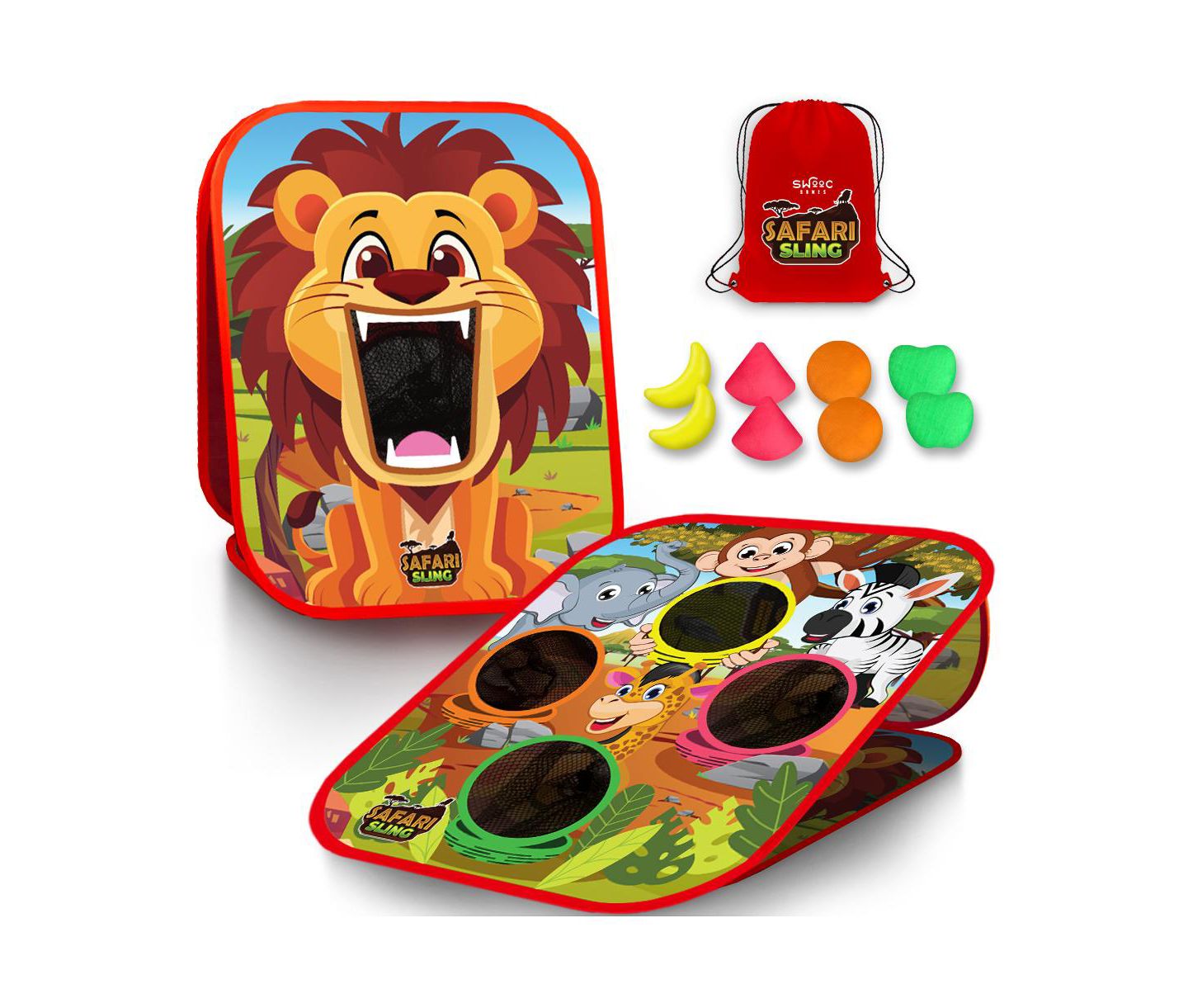 Детские игрушки SWOOC Safari Sling 2-in-1 Portable Bean Bag Toss Game, 20" W x 23" H, For 2-8 Players, Ages 3+, цвет: Разноцветный — фото 1