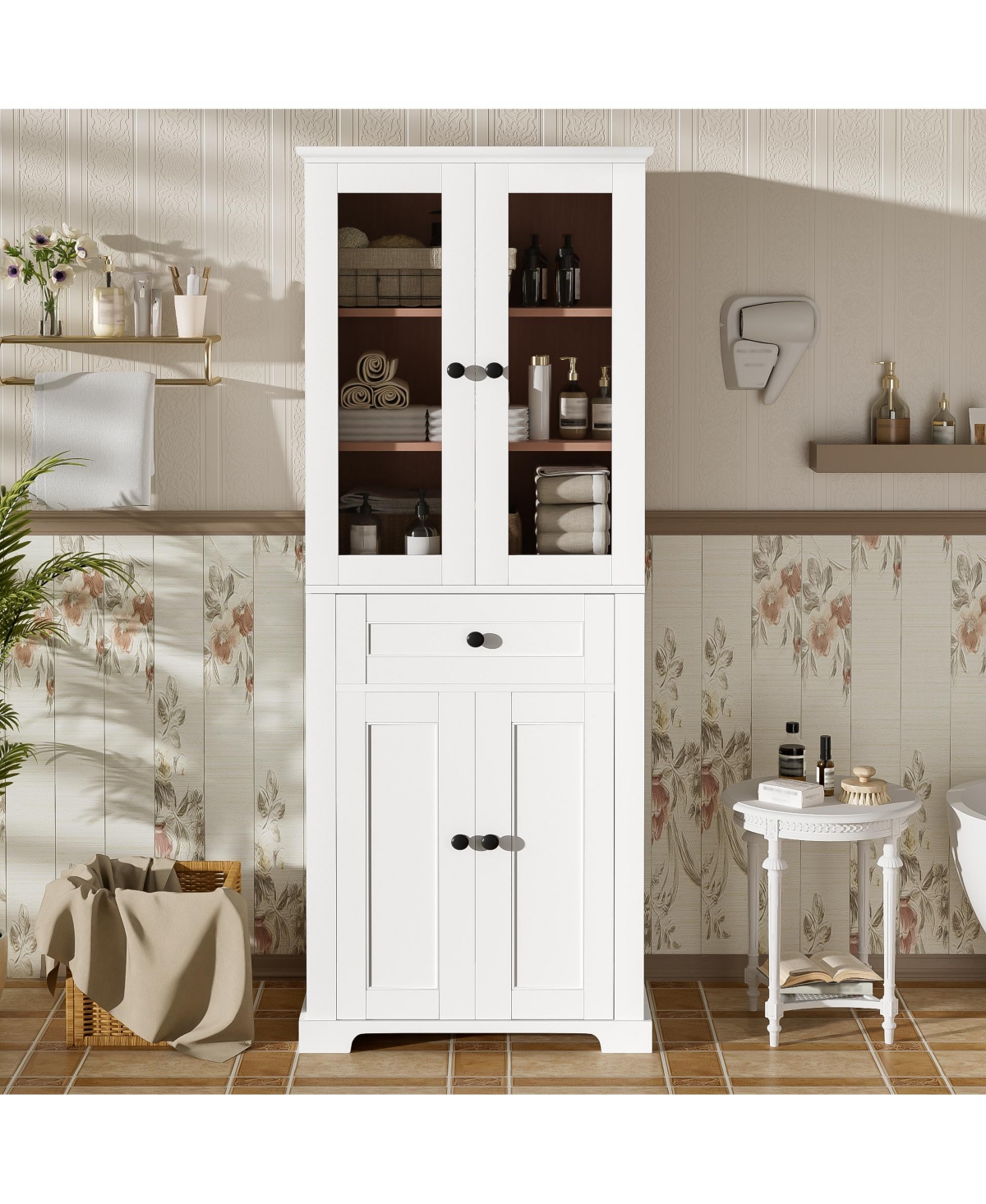 Airsurfer 67.2" Bathroom Storage Cabinet with Tempered Glass Doors, Adjustable Shelves and Drawer