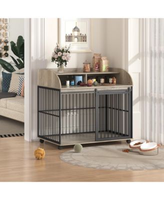 44 Inch Heavy Duty Large Dog Crate Furniture Wooden Dog Kennel with Lockable Wheels End Table Crate Double Layer Storage Gray