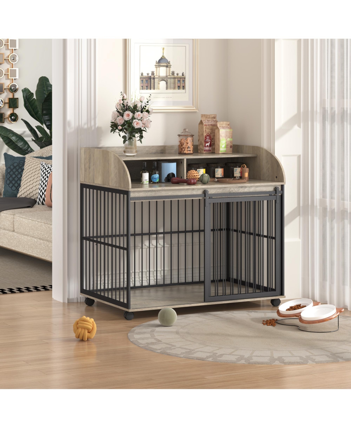 Airsurfer 44 Inch Heavy Duty Large Dog Crate Furniture Wooden Dog Kennel with Lockable Wheels End Table Crate Double Layer Storage Gray