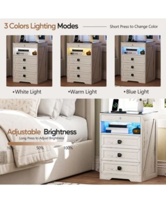 Smart LED Nightstand  Wood  3-Color Lights  Drawers & Charging Station