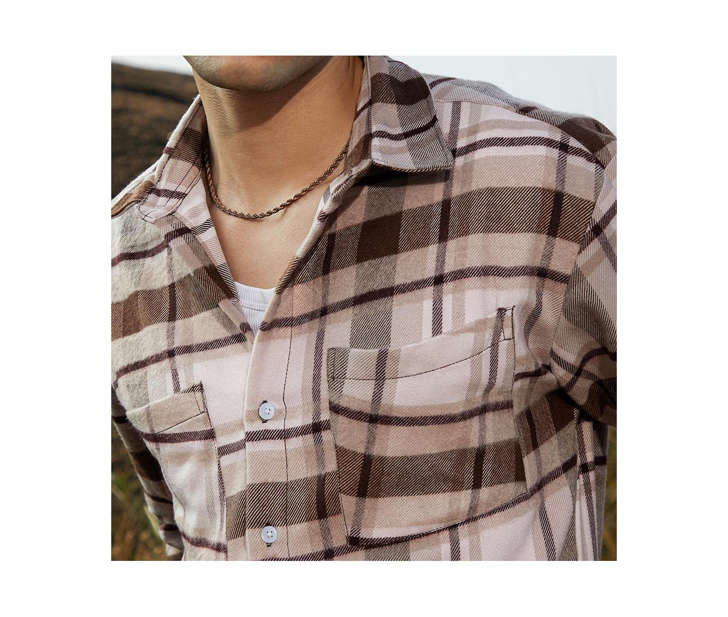 Мужские куртки Cahoot Campus Sutra Saltbox Beige & Pecan Brown Tartan Utility Shacket, цвет: Коричневый — фото 4