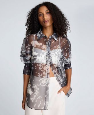 Women's Printed Oversized Button-Front Long-Sleeve Shirt