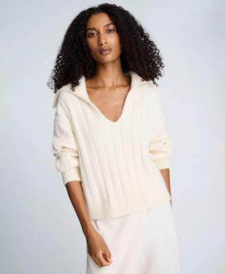 Women's V-Neck Wide Rib Polo Sweater