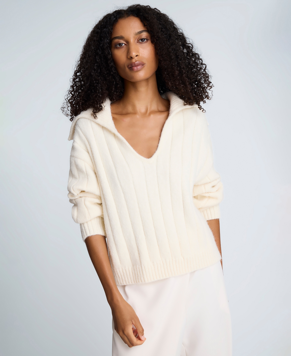 Kenneth Cole Women's V-Neck Wide Rib Polo Sweater