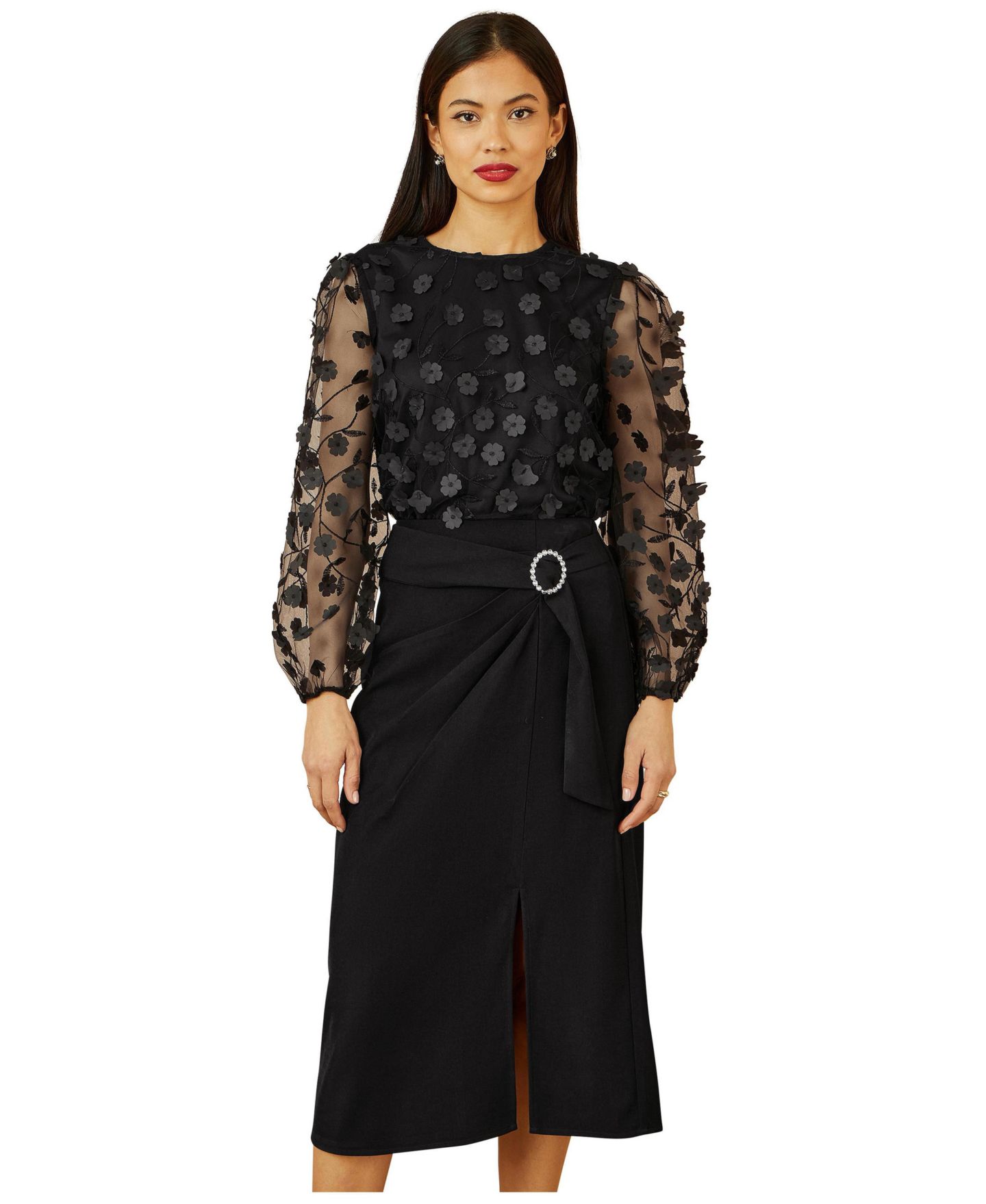 Женский топ Yumi Long Sleeve Sheer Floral, цвет: Чёрный — фото 2