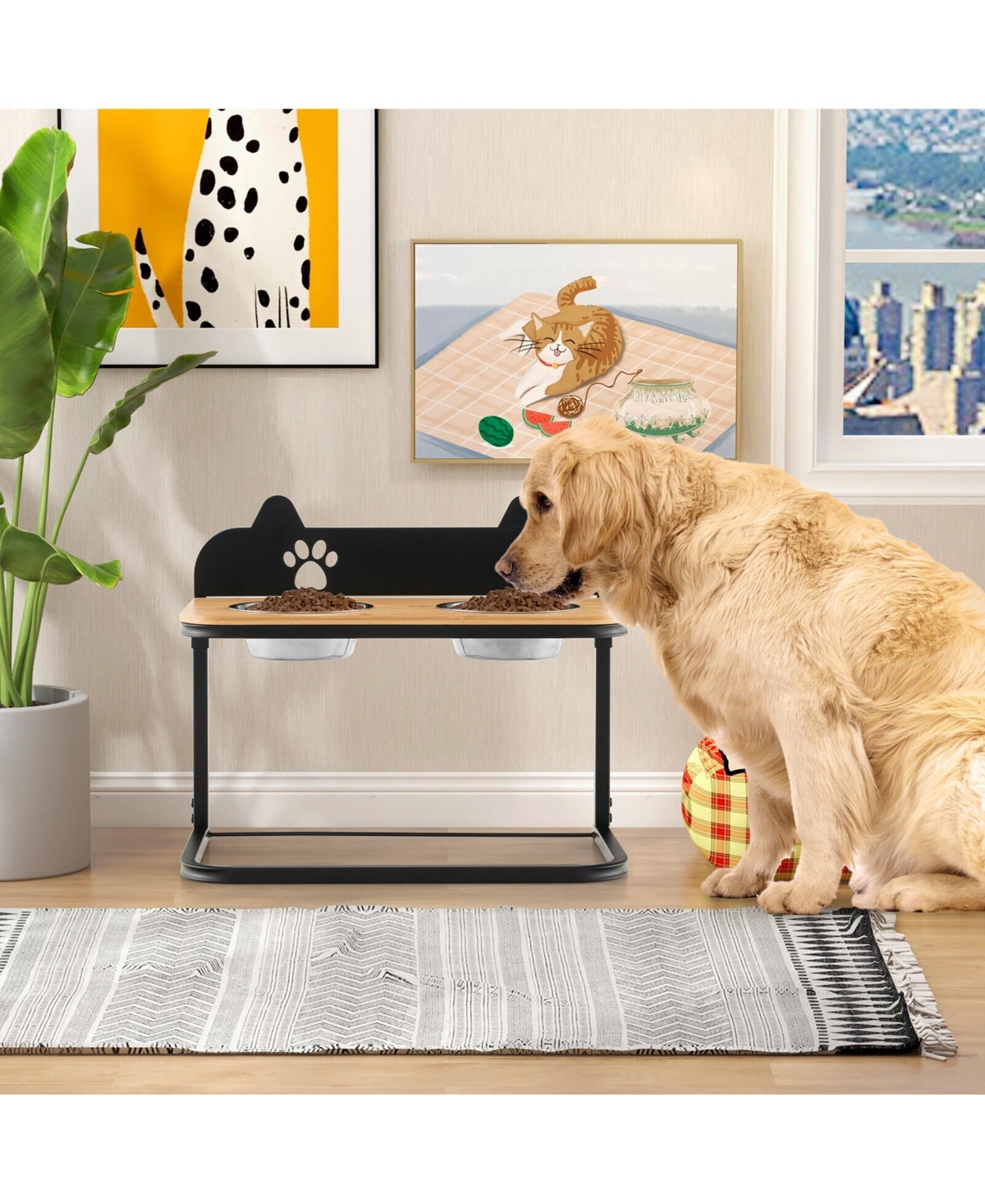 Gymax Elevated Dog Bowls 3 Adjustable Heights with 2 Stainless Steel Food Water Bowls