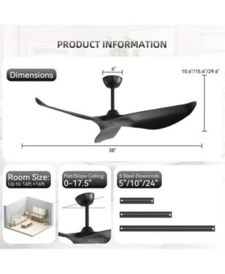 38-inch Modern Black 3-Blade without Light Ceiling Fan with Six Speed Remote Control and Timing Function for Indoor