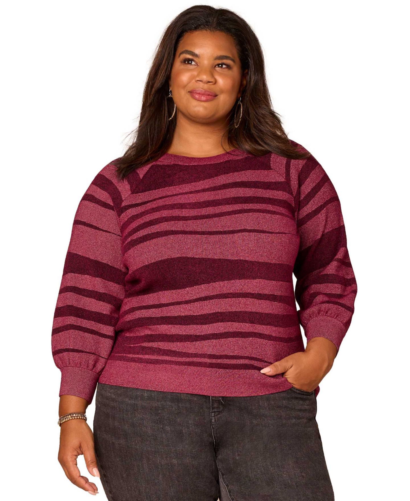 Женский свитер Democracy Plus Size 3/4-Blouson Raglan Sleeve Stripe, цвет: Тёмный шелковичный — фото 1