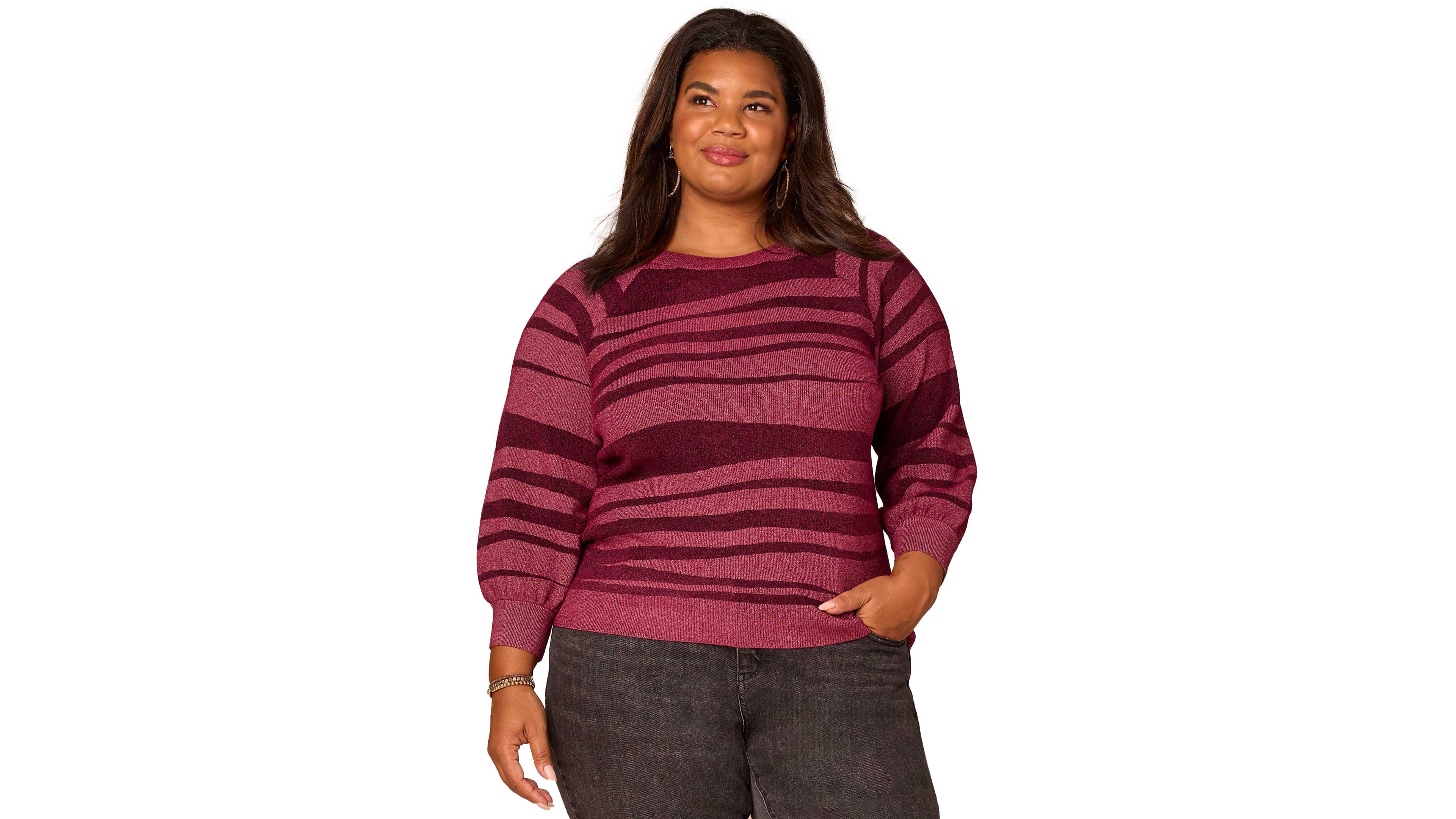 Democracy Plus 3/4-Blouson Raglan Sleeve Stripe Sweater