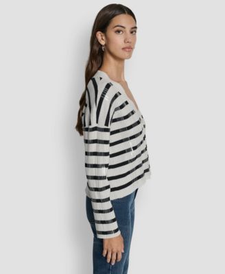Women's Striped Sequin & Stripe V-NECK BOXY Cropped Long-Sleeve Cardigan Sweater