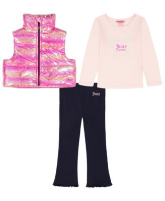 Juicy Couture - Girls Toddler 2T-4T 3-Piece Long-Sleeve T-Shirt, Vest and Leggings Set