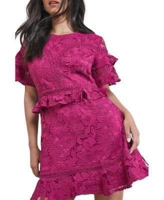 Women's Lace Trim Detail Frill Sleeve Mini Dress
