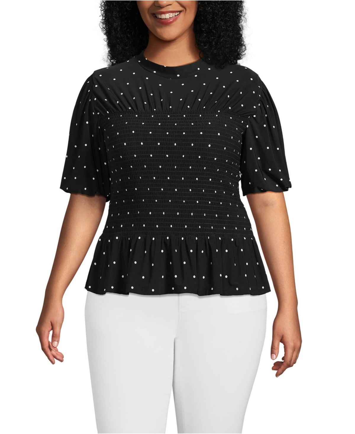Lands' End Plus Bubble Sleeve Silky Knit Smocked Mock Neck Top