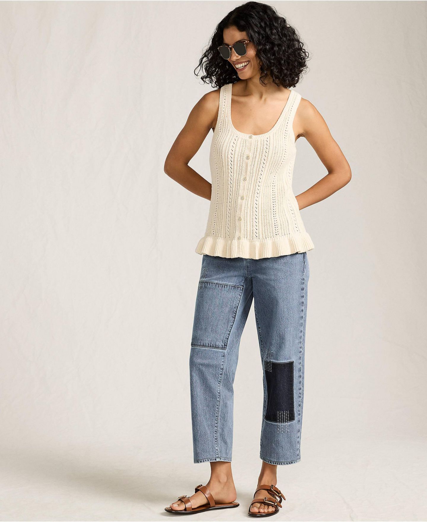 Женские джинсы Lands' End Soft Denim Mid Rise Relaxed Straight Crop Patchwork, цвет: Синий — фото 2
