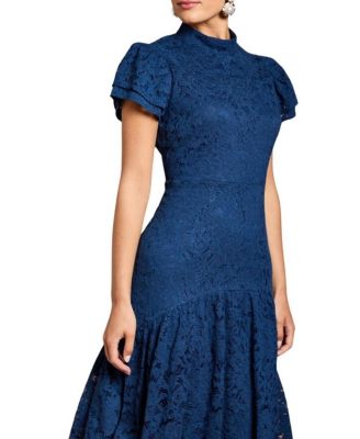 Women's Lace Frill Sleeve High Neck Midi Dress