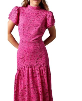 Women's Lace Frill Sleeve High Neck Midi Dress
