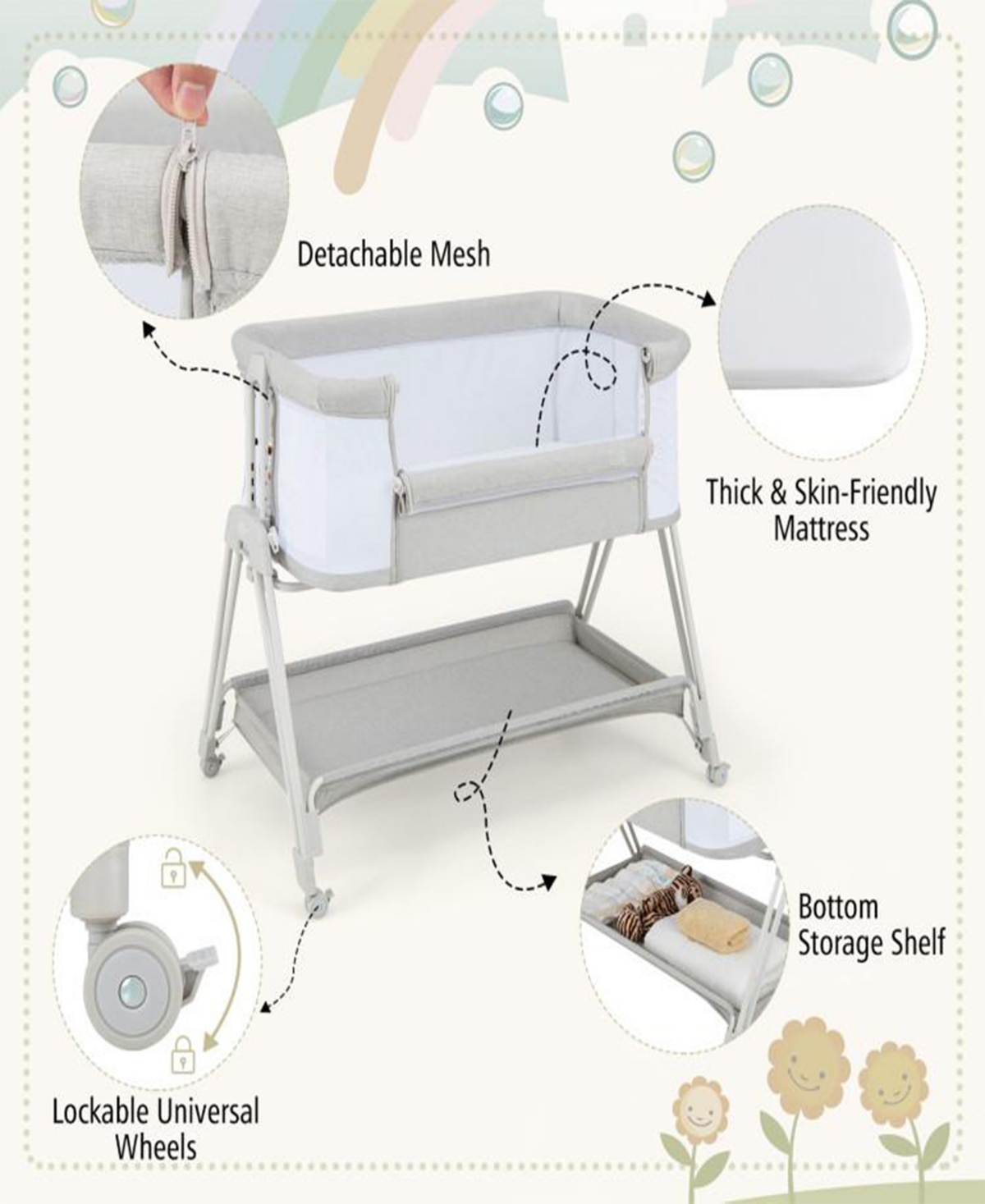 Gouun Portable Bedside Bassinet with 7 Adjustable Heights
