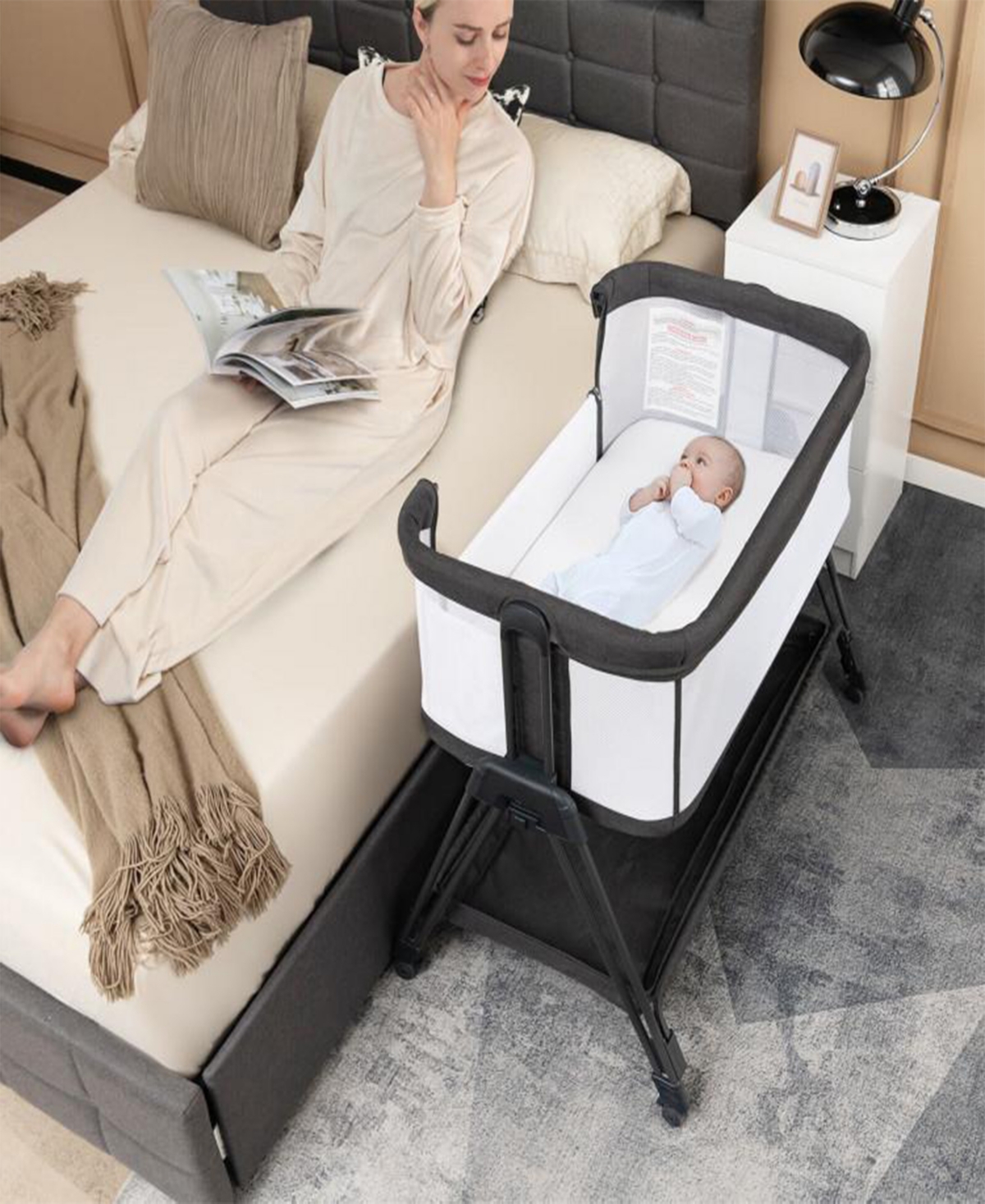 Gouun Portable Bedside Bassinet with 7 Adjustable Heights
