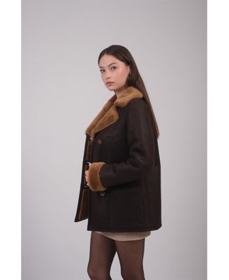 Women's Leather Sheepskin Peacoat, Brown, Created for Macy's