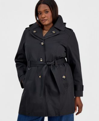 Plus Size Single-Breasted Hooded Belted Trench Coat