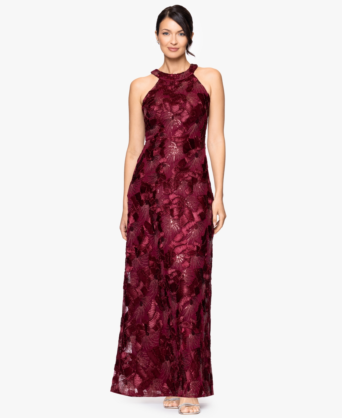 Betsy & Adam Petite Sleeveless Floral Sequin Sheath Gown