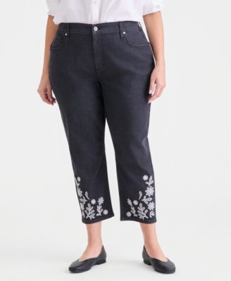 Plus Size Embroidered High-Rise Straight-Leg Cropped Jeans, Macy's Exclusive