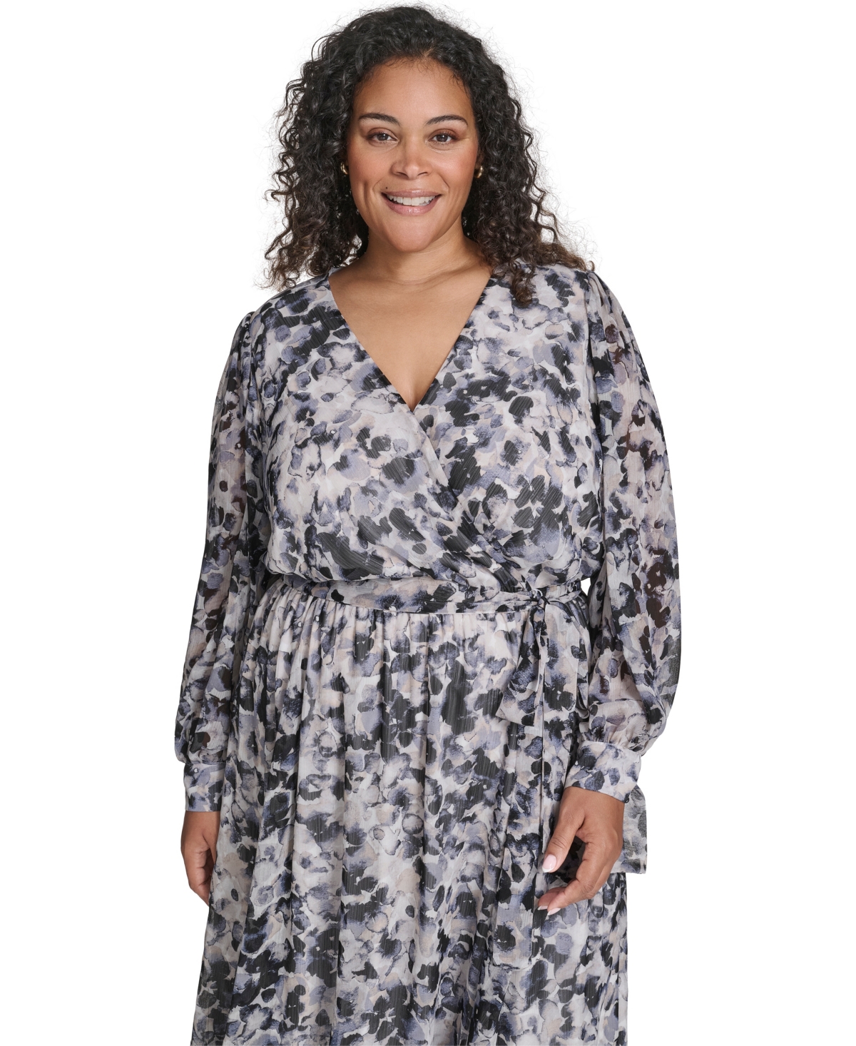 Calvin Klein Plus Size Tie Sleeve Chiffon Pull-on Midi Dress In Gray