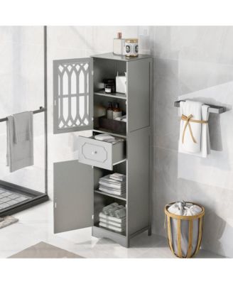 Generic Brand Tall MDF Acrylic Adjustable-Shelf Freestanding Bathroom Storage Cabinet