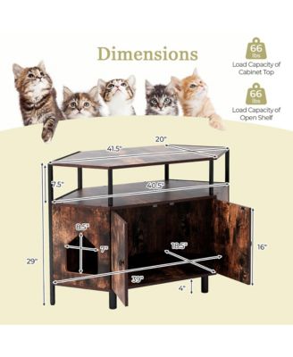 Corner Cat Litter Box Enclosure End Table w/ Open Shelf 2 Entries Double Doors